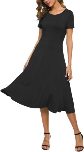 Women's Casual Round Neck Short Sleeve Midi Dress Solid Stretchy Waist Knee Long Dress