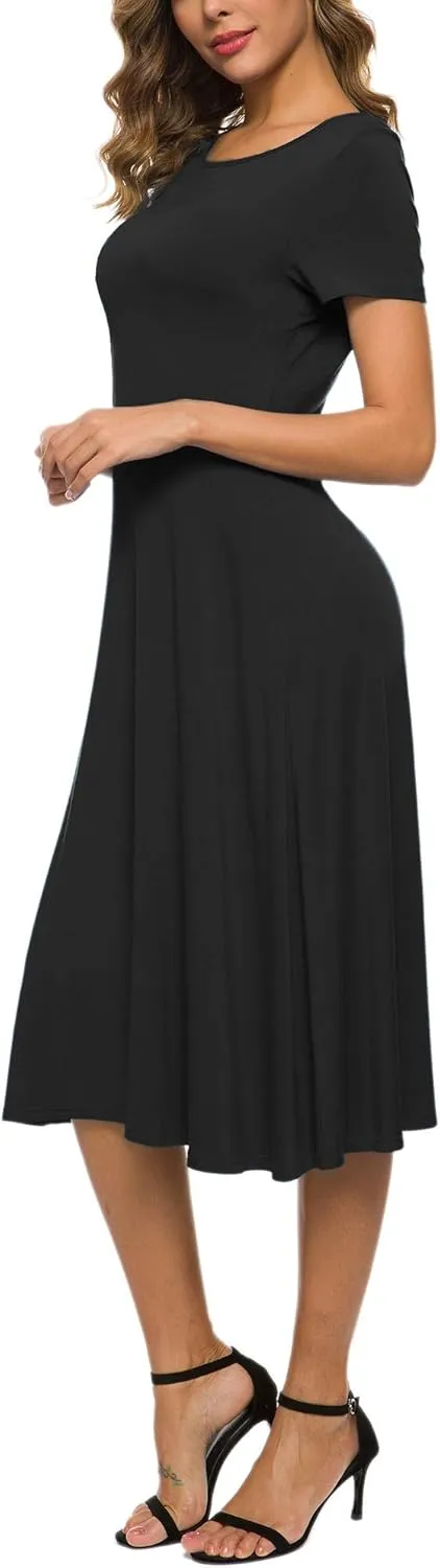 Women's Casual Round Neck Short Sleeve Midi Dress Solid Stretchy Waist Knee Long Dress