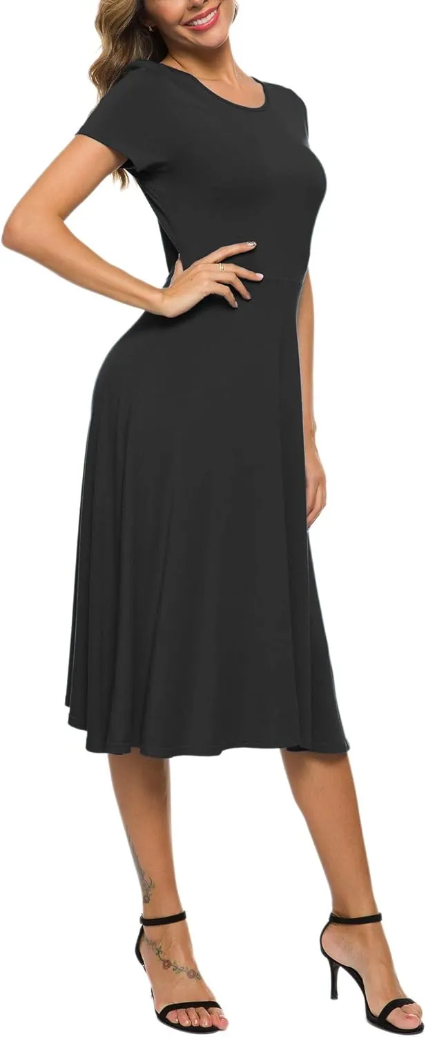 Women's Casual Round Neck Short Sleeve Midi Dress Solid Stretchy Waist Knee Long Dress