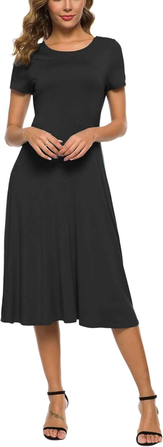 Women's Casual Round Neck Short Sleeve Midi Dress Solid Stretchy Waist Knee Long Dress