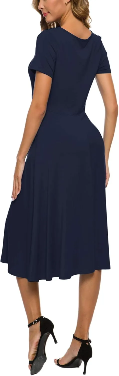 Women's Casual Round Neck Short Sleeve Midi Dress Solid Stretchy Waist Knee Long Dress