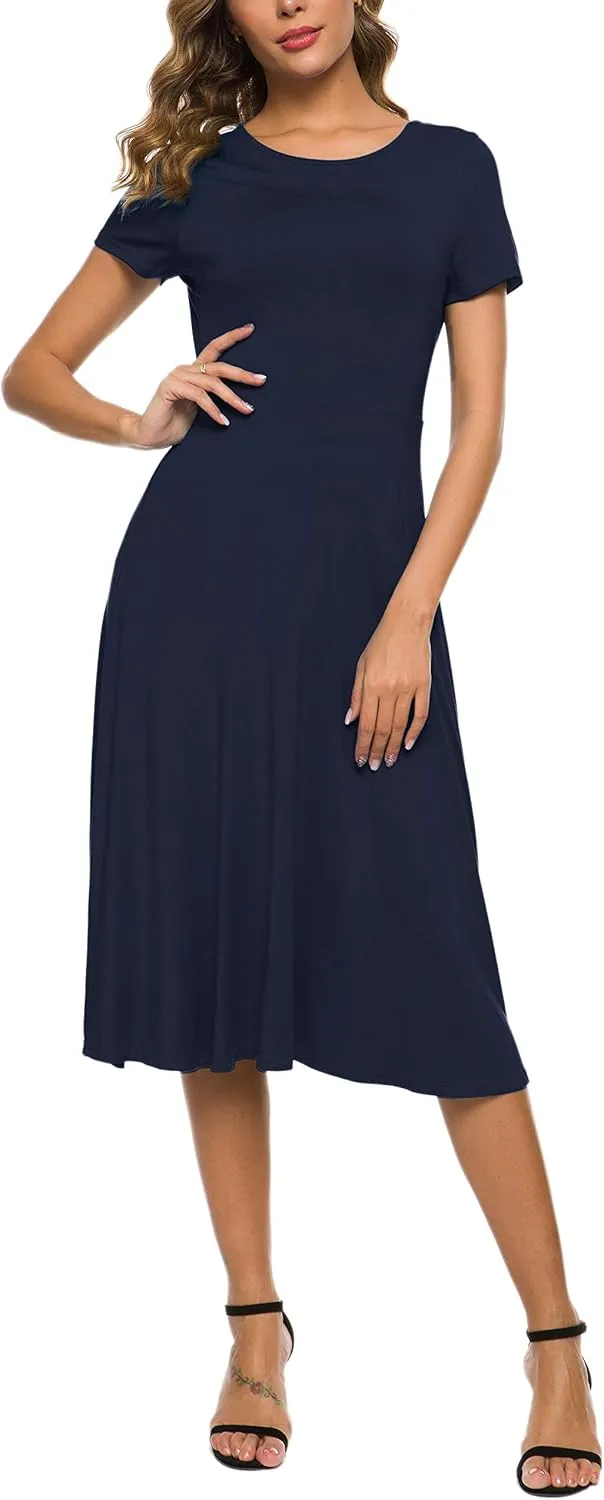 Women's Casual Round Neck Short Sleeve Midi Dress Solid Stretchy Waist Knee Long Dress