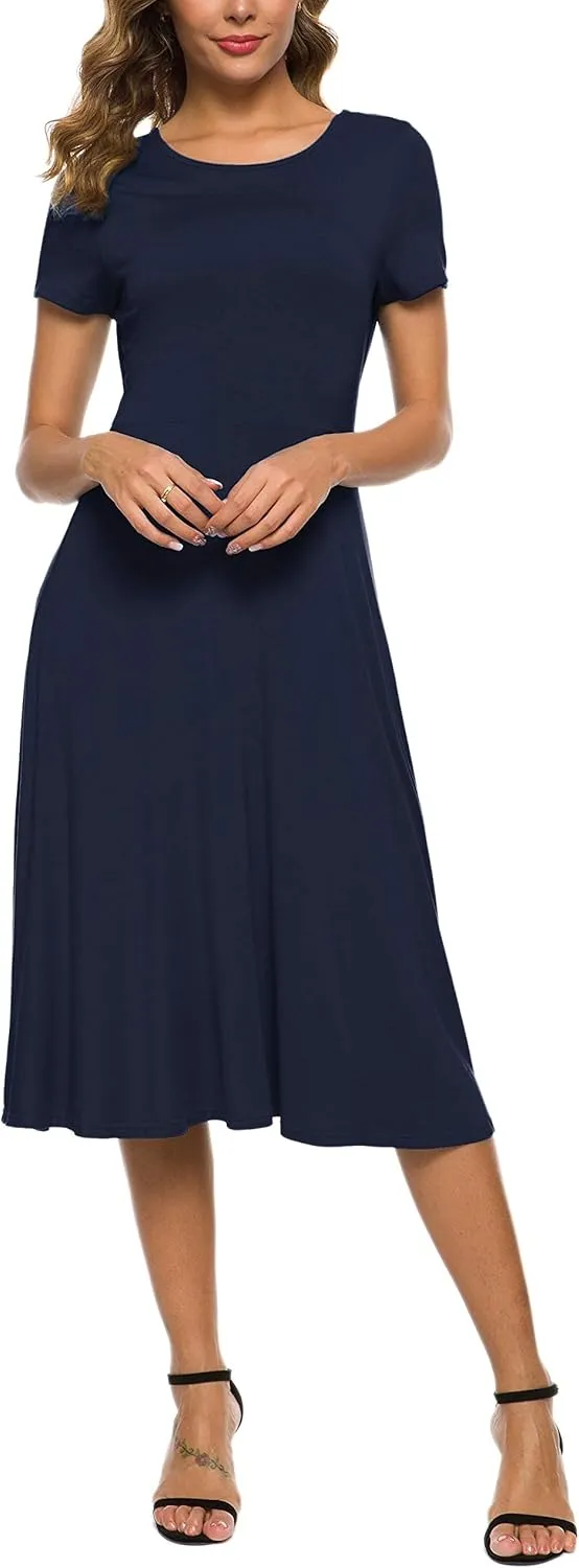 Women's Casual Round Neck Short Sleeve Midi Dress Solid Stretchy Waist Knee Long Dress