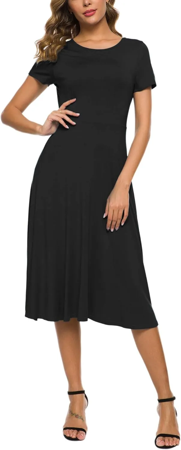 Women's Casual Round Neck Short Sleeve Midi Dress Solid Stretchy Waist Knee Long Dress
