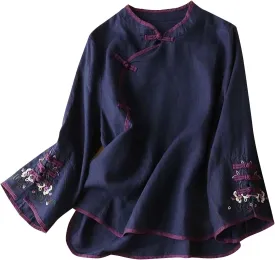 Women's Cotton Linen Retro Chinese Frog Button Tops Traditional Mandarin Collar Shirts Floral Embroidered Blouses