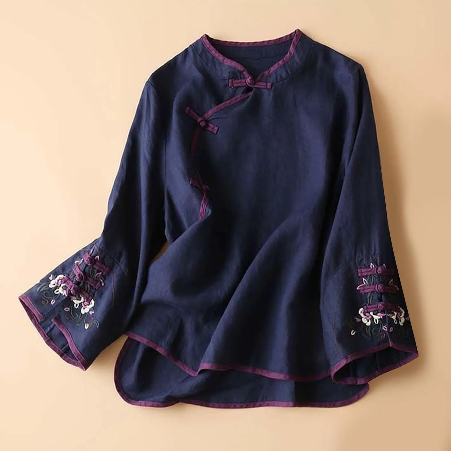 Women's Cotton Linen Retro Chinese Frog Button Tops Traditional Mandarin Collar Shirts Floral Embroidered Blouses