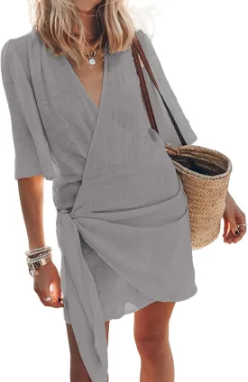 Womens Linen Mini Dress Summer Cross V-Neck Half Sleeve Dresses Casual Lightweight Wrap Tie Waist Bodycon Dresses