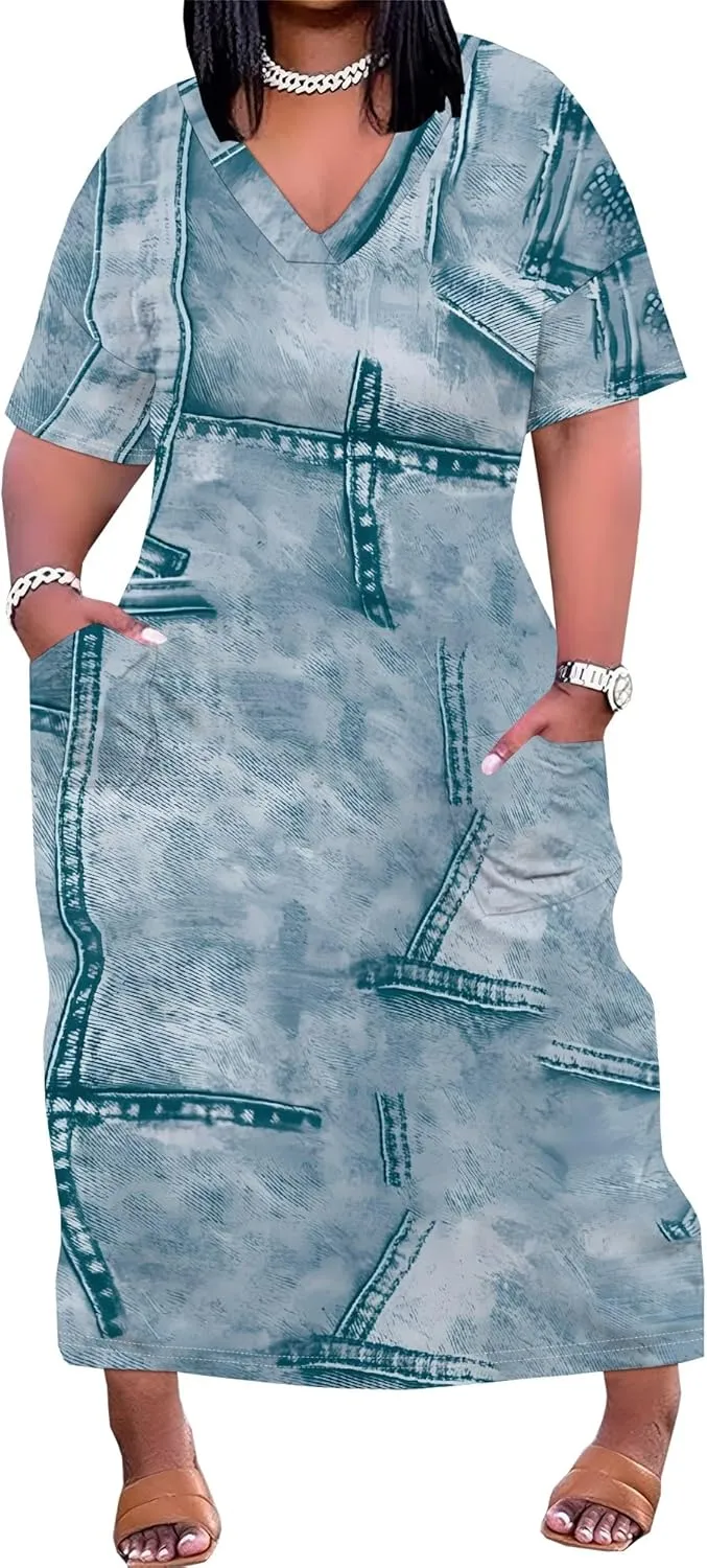 Womens Plus Size Denim 3D Print Fashion Maxi Dresses Casual Soft Tshirt Dress