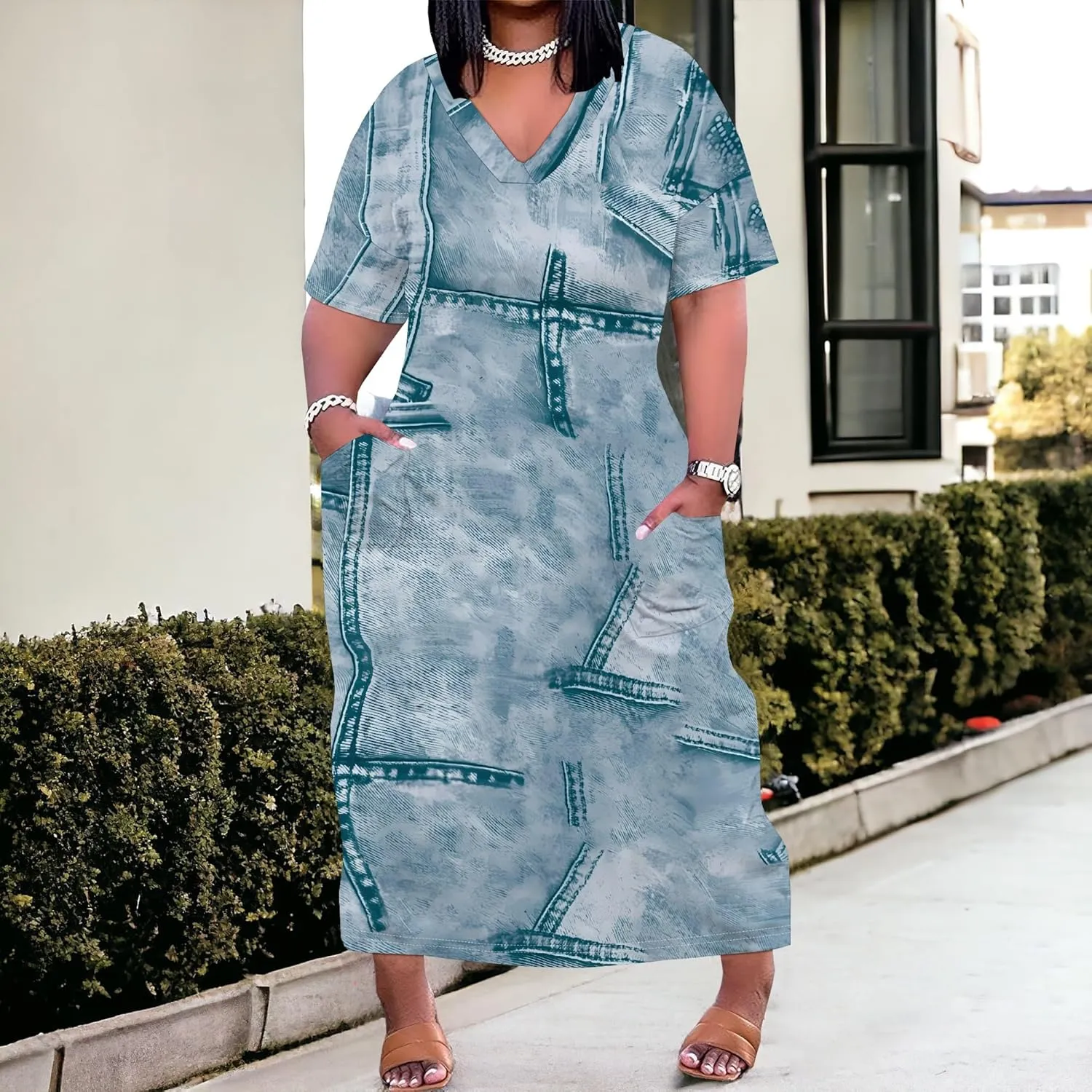 Womens Plus Size Denim 3D Print Fashion Maxi Dresses Casual Soft Tshirt Dress