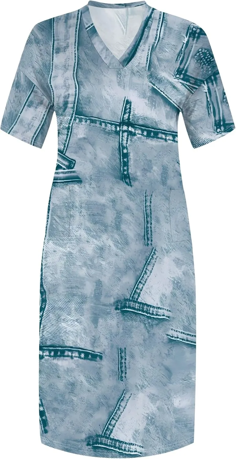 Womens Plus Size Denim 3D Print Fashion Maxi Dresses Casual Soft Tshirt Dress