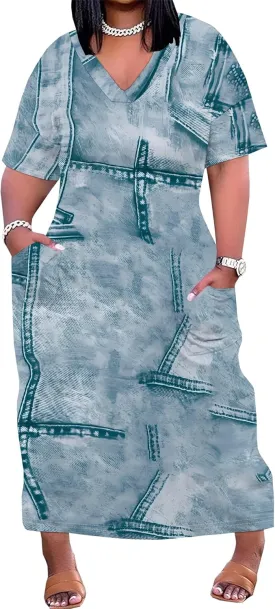 Womens Plus Size Denim 3D Print Fashion Maxi Dresses Casual Soft Tshirt Dress
