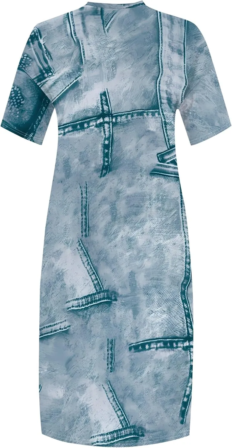 Womens Plus Size Denim 3D Print Fashion Maxi Dresses Casual Soft Tshirt Dress