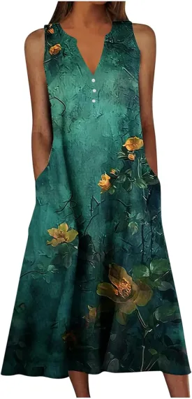 Women's Plus Size Sundress Summer Floral Print Casual Boho Midi Dress Sleeveless V-Neck Long Tank Dress with Pockets