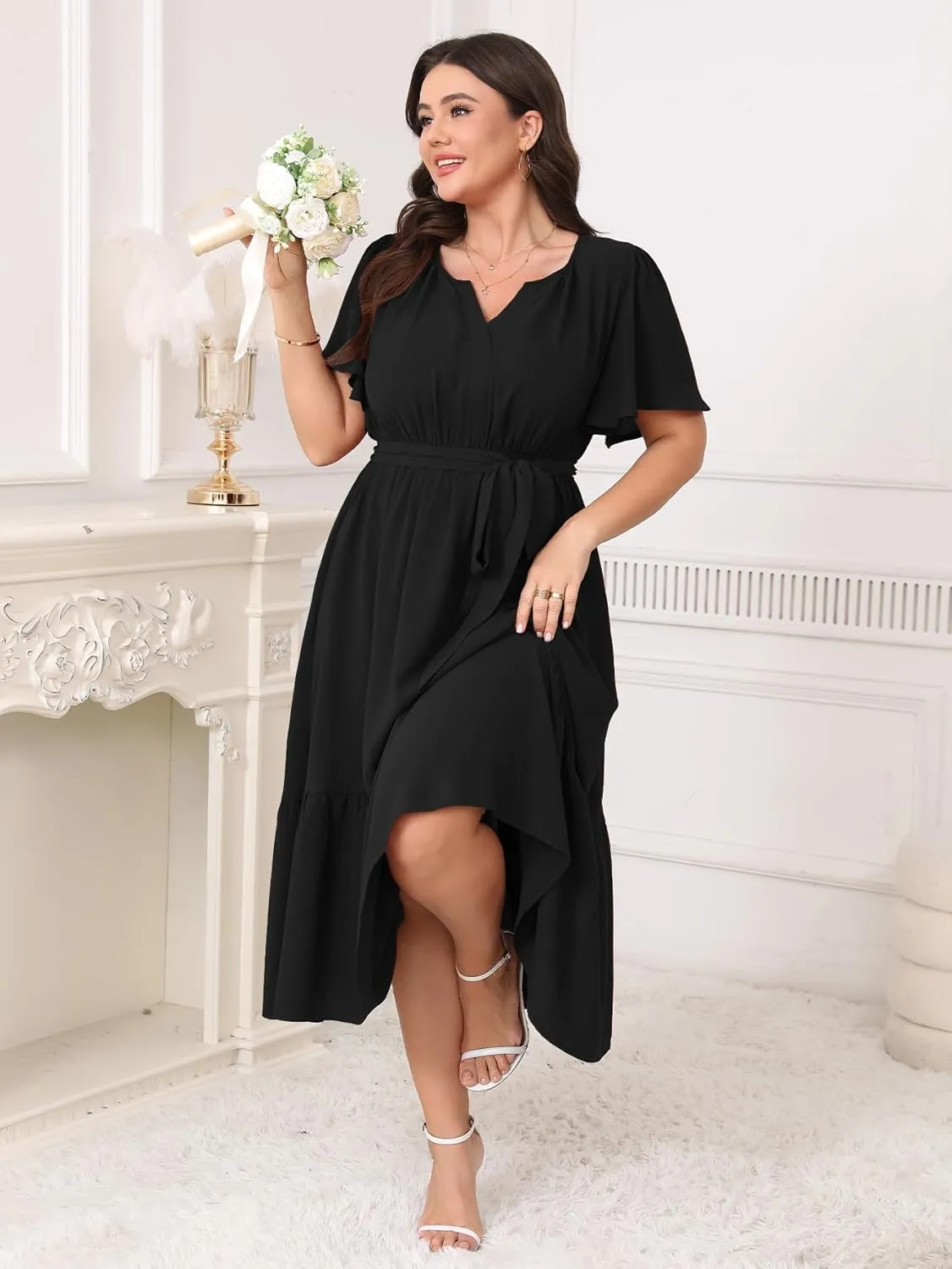 Womens Plus Size Wedding Guest Dresses Summer V Neck Short Sleeve Belted Ruffle Hem A-Line Flowy Midi Dress