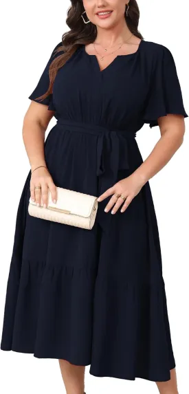 Womens Plus Size Wedding Guest Dresses Summer V Neck Short Sleeve Belted Ruffle Hem A-Line Flowy Midi Dress