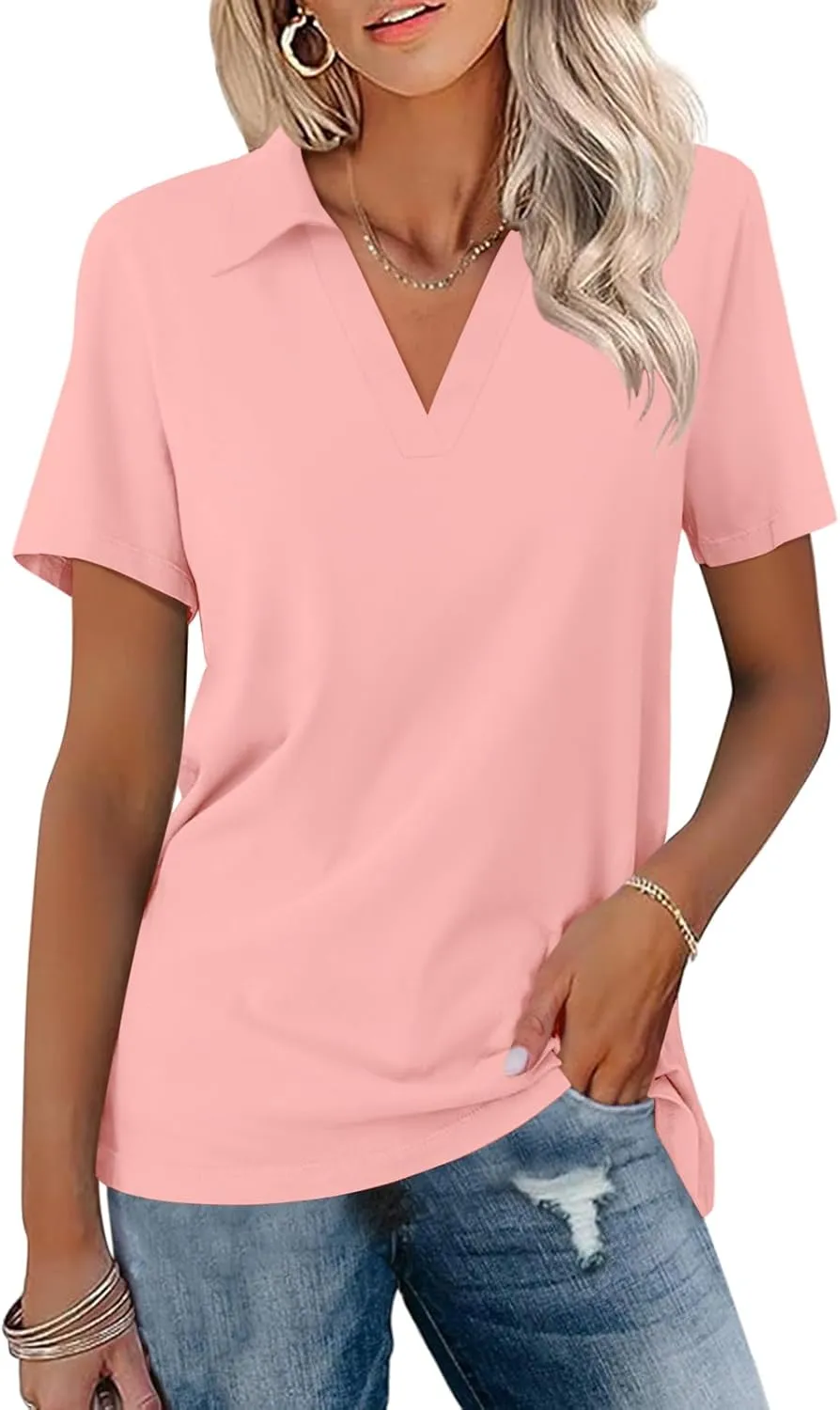 Women's Polo Shirts Short Sleeve V Neck Summer Tops Business Casual Collared Shirts Loose Tees