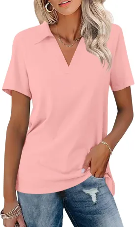 Women's Polo Shirts Short Sleeve V Neck Summer Tops Business Casual Collared Shirts Loose Tees