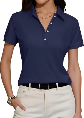 Womens Polo Shirts Summer Business Casual Work Tops Short Sleeve Button Down Collared V Neck Golf Blouse T-Shirt