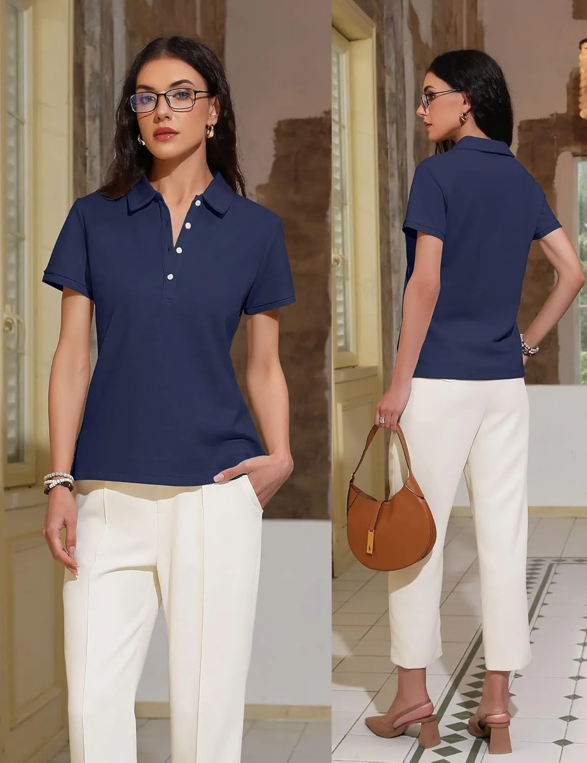 Womens Polo Shirts Summer Business Casual Work Tops Short Sleeve Button Down Collared V Neck Golf Blouse T-Shirt