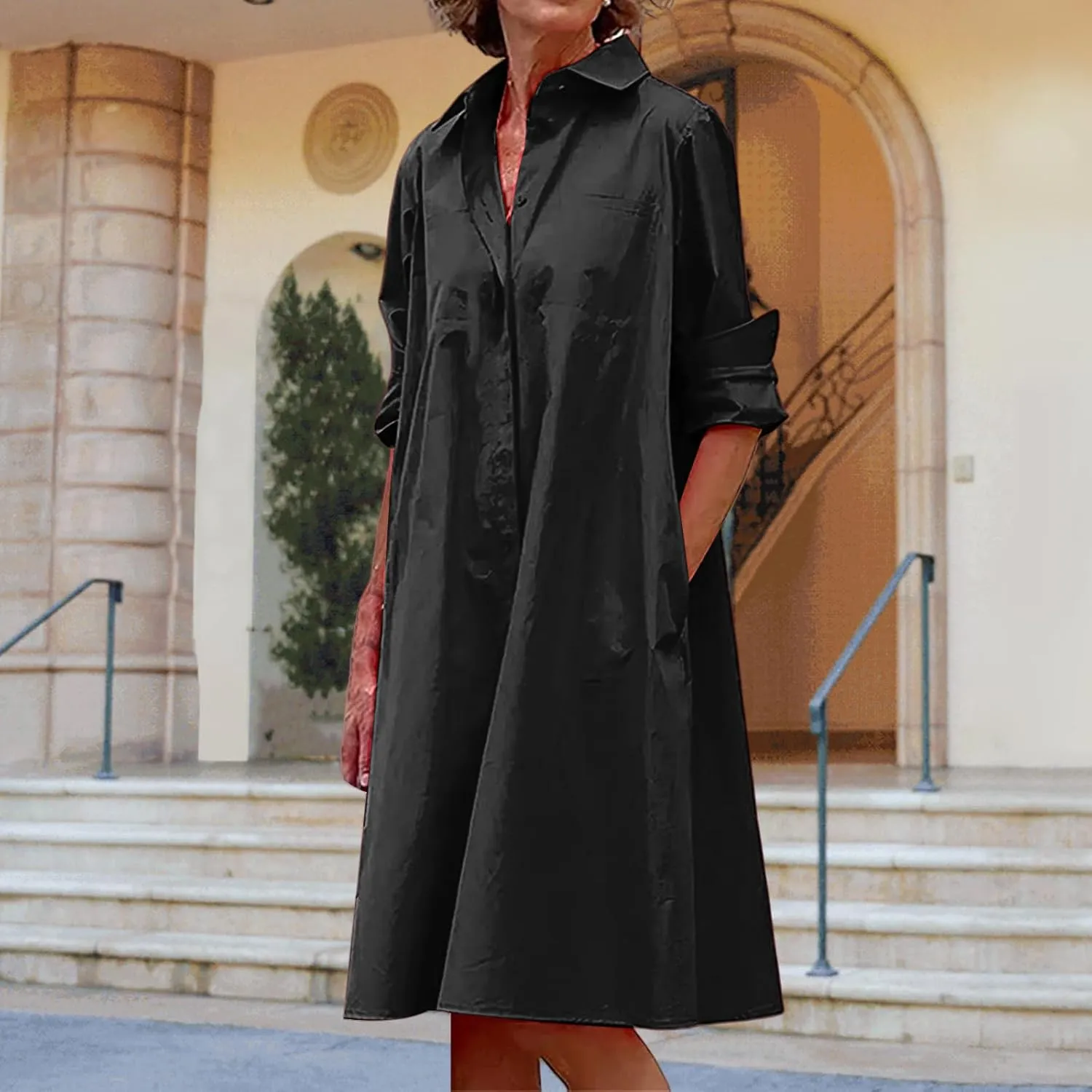 Womens Shirt Dress Rolled Long Sleeve Button Down Summer Dress Dressy Collared V Neck Mini Dresses Loose Casual Dresses