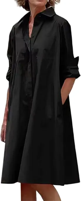 Womens Shirt Dress Rolled Long Sleeve Button Down Summer Dress Dressy Collared V Neck Mini Dresses Loose Casual Dresses