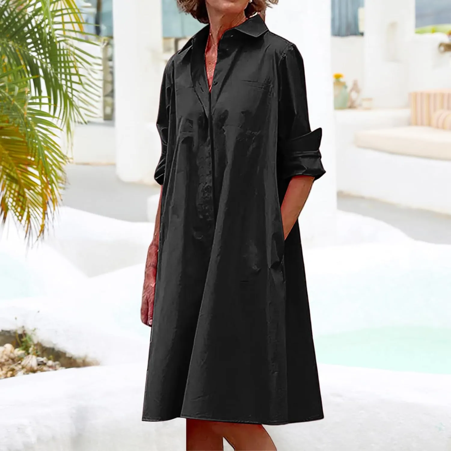 Womens Shirt Dress Rolled Long Sleeve Button Down Summer Dress Dressy Collared V Neck Mini Dresses Loose Casual Dresses
