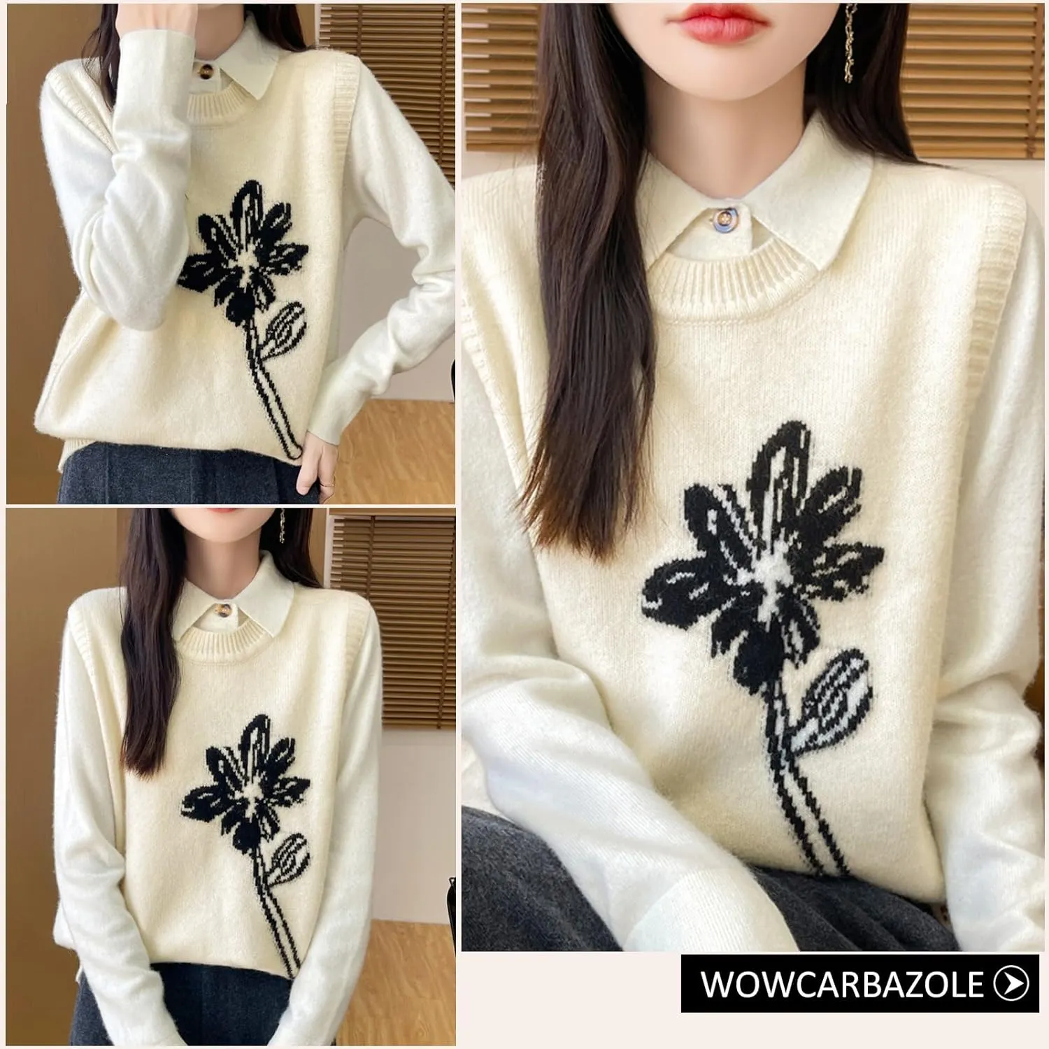 Wowcarbazole Women's Sweater Vest Crew Neck Sleeveless Ribbed Knitwear Casual Trendy Floral Knitted Vest Pullover Top
