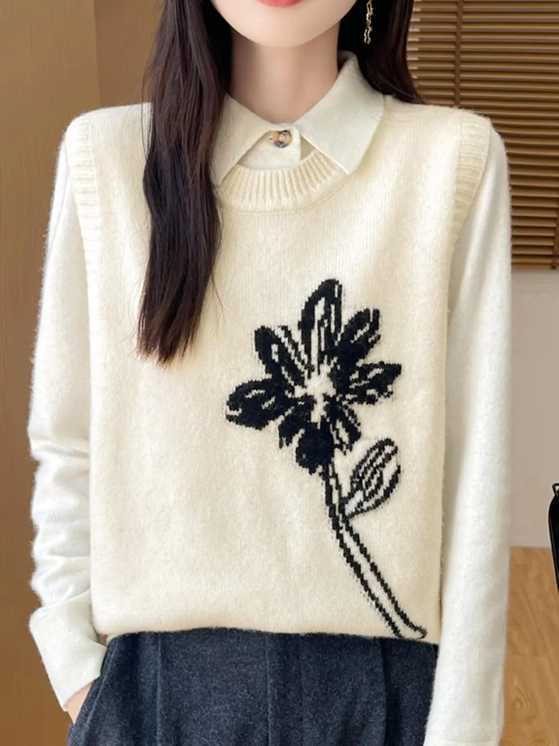 Wowcarbazole Women's Sweater Vest Crew Neck Sleeveless Ribbed Knitwear Casual Trendy Floral Knitted Vest Pullover Top