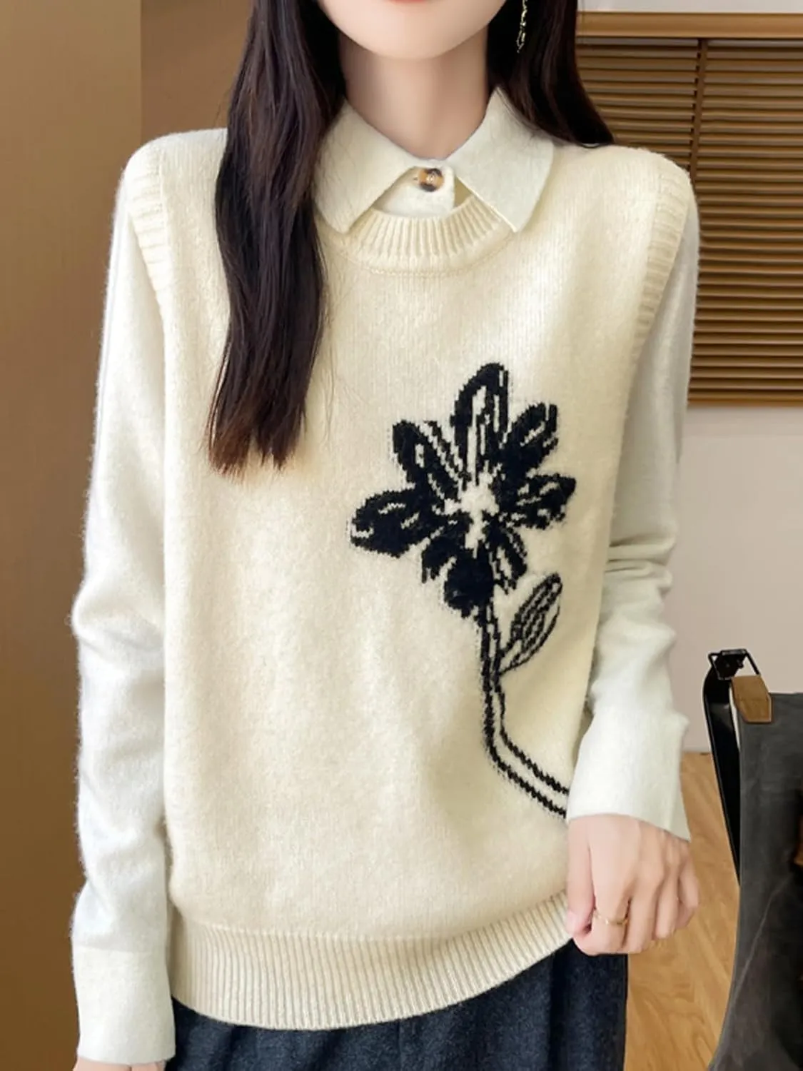 Wowcarbazole Women's Sweater Vest Crew Neck Sleeveless Ribbed Knitwear Casual Trendy Floral Knitted Vest Pullover Top