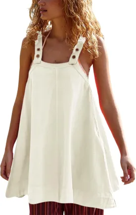 Yeokou Women Mini Dress Sleeveless A-Line Adjustable Button Straps Scoop Neck Cropped Loose Slip Dress with Pockets