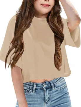 Yuccalley Girls Summer Round Neck Short Sleeve Crop Tees Casual Loose Fit Tees