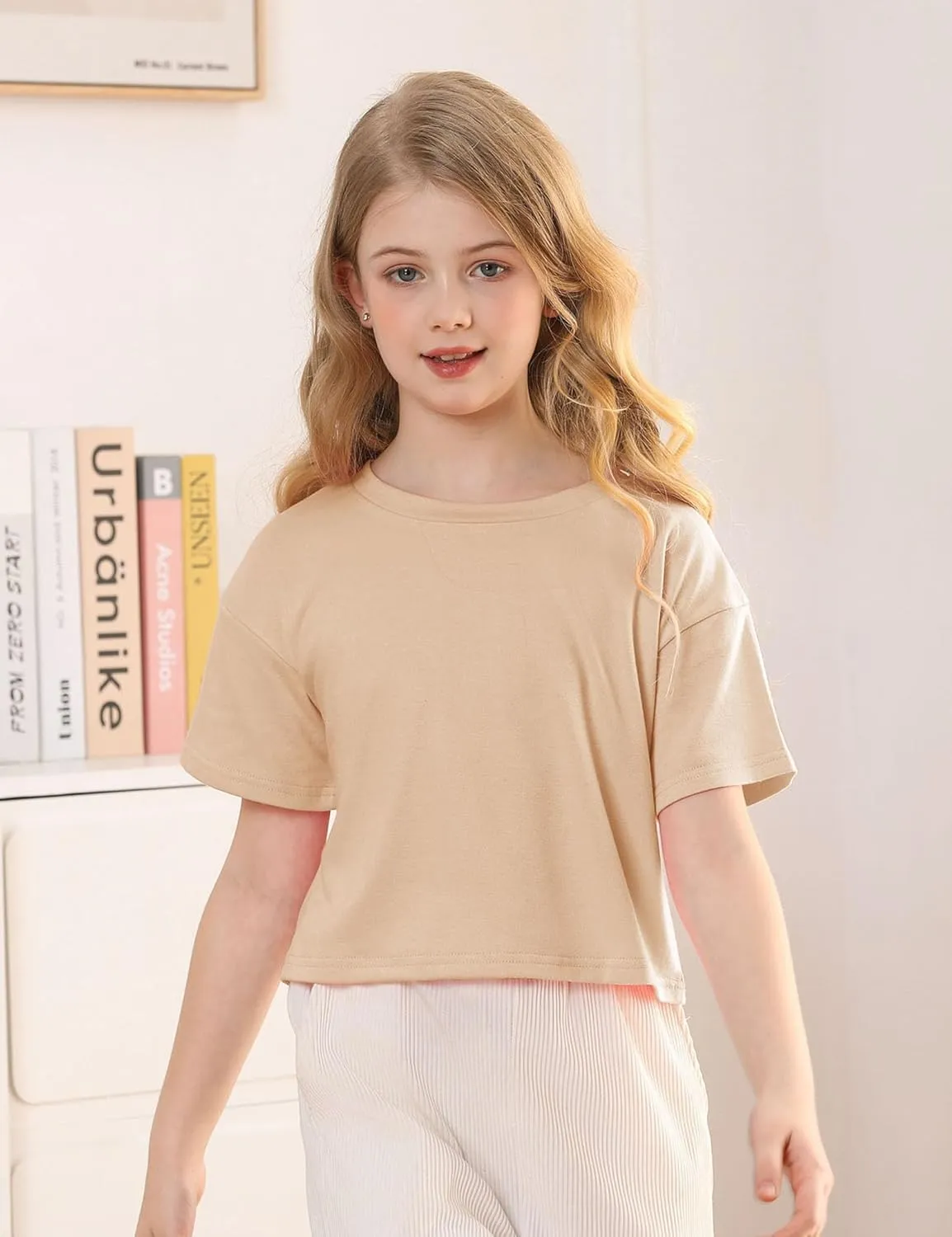 Yuccalley Girls Summer Round Neck Short Sleeve Crop Tees Casual Loose Fit Tees